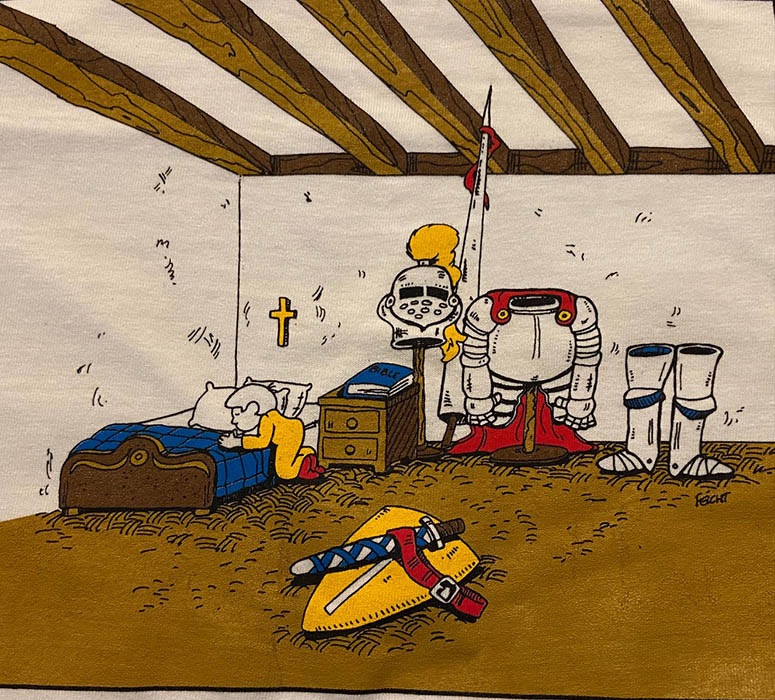 A knight on his knees in prayer, his physical armor removed and resting about his room.