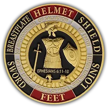 A challenge coin depicting the six pieces of the armor of God. Ephesians 6:11-18.